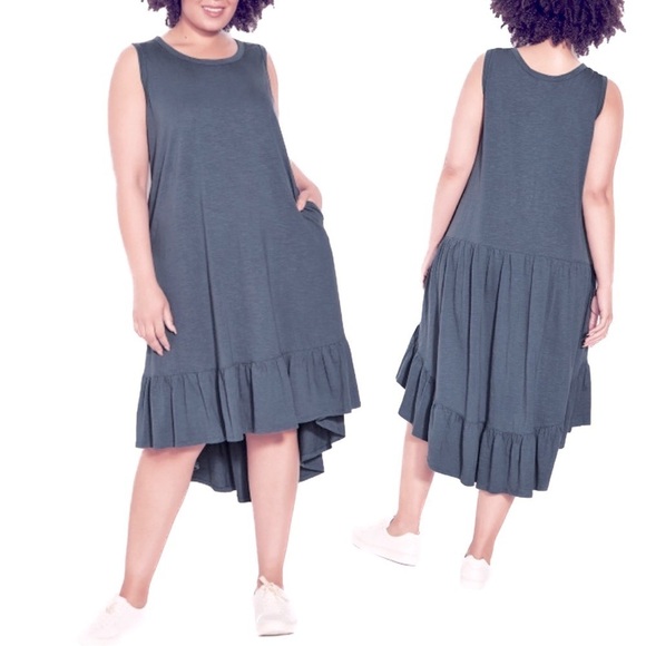 Zim & Zoe 18W-32W Cotton Evie Steel Hi Lo Ruffle Sleeveless Dress BB05.10 - Picture 1 of 5